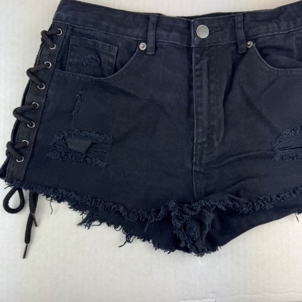 Forever 21 Premium Denim Black Lace Up Side Distressed Jean Shorts Womens 28 - Picture 3 of 10